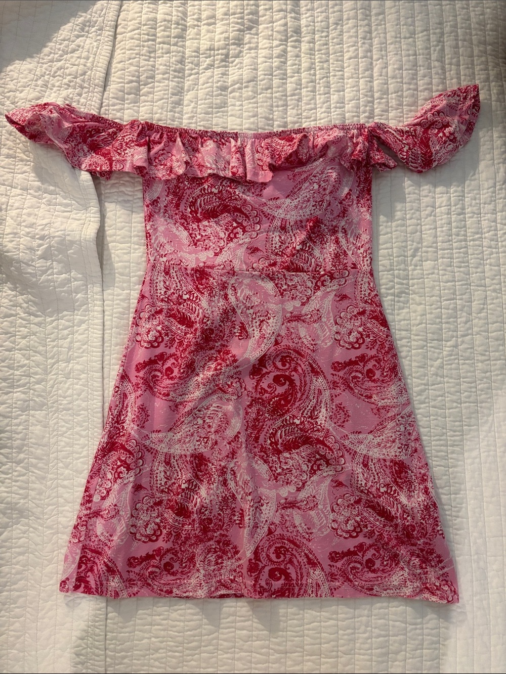 Missguided Pink Red Paisley Off-Shoulder Mini Dress